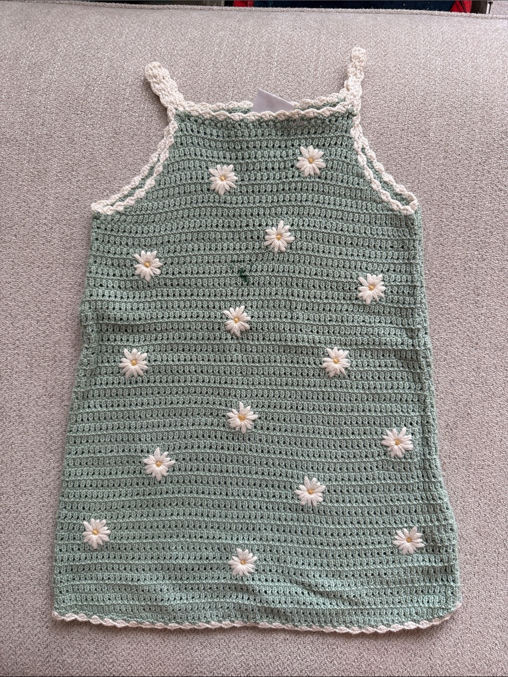 Zara Mint Green Crochet Daisy Tank Dress with Cream Trim